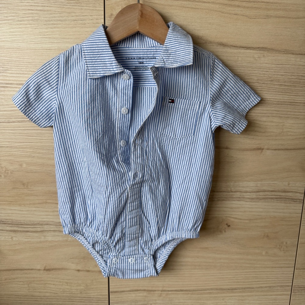 Tommy Hilfiger Light Blue & White Striped Baby One-Piece Bodysuit